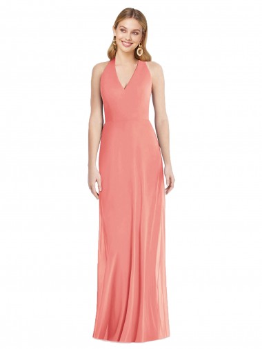 Online V-Neck Halter Chiffon Maxi Bridesmaid Dress Open Back
