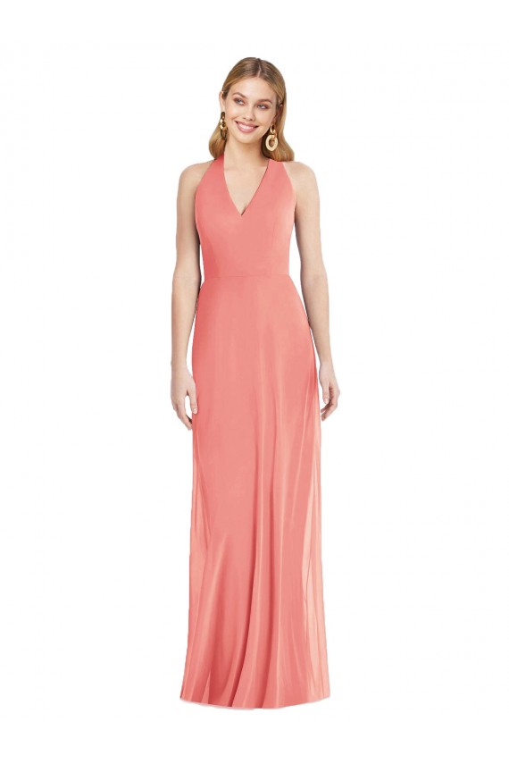Online V-Neck Halter Chiffon Maxi Bridesmaid Dress Open Back