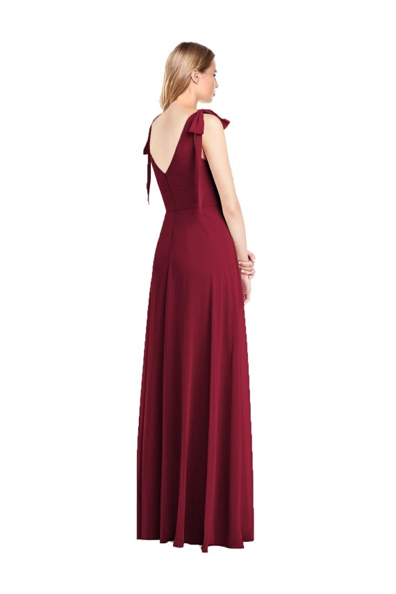 Online Full Length Bow-Shoulder V-Back Chiffon Bridesmaid Dress with Front Slit