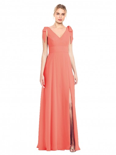 Online Full Length Bow-Shoulder V-Back Chiffon Bridesmaid Dress with Front Slit