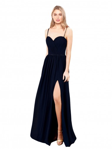 Online Draped A-Line Chiffon Bridesmaid Dress with Spaghetti Straps and High Slit