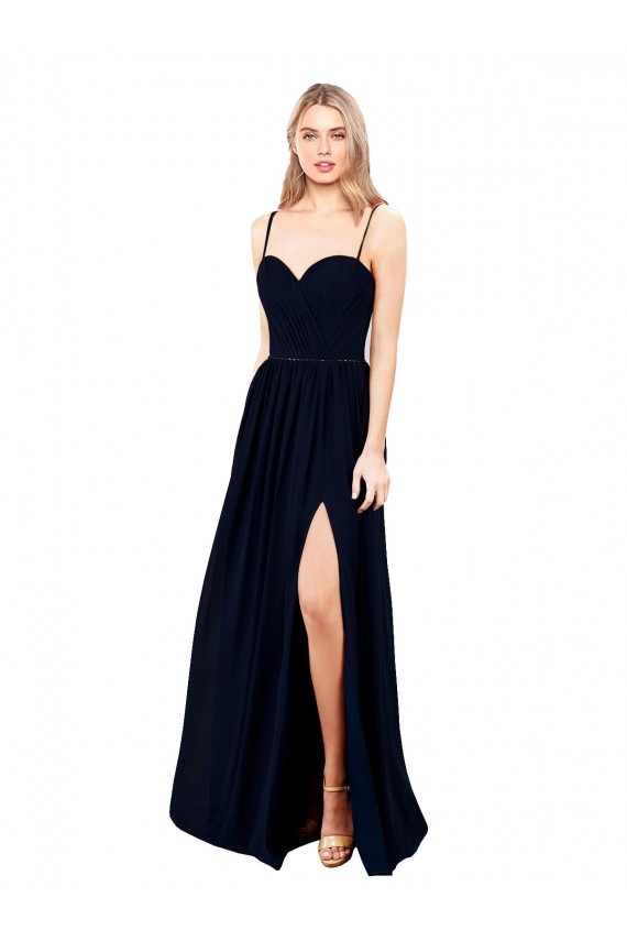 Online Draped A-Line Chiffon Bridesmaid Dress with Spaghetti Straps and High Slit