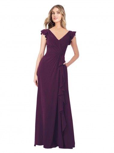 Online Ruffle Cap Sleeves Long Chiffon Bridesmaid Dress