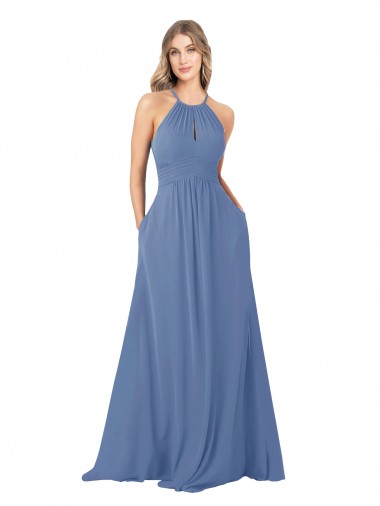 Online Draped High Neck Keyhole Back Bridesmaid Dress with Front Slit