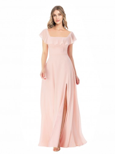 Online Flutter Cap Sleeves Square Neck Ruffle Chiffon Bridesmaid Dress