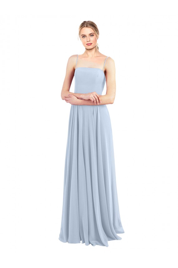 Online Luxe Chiffon Straight Neckline Long Chiffon Bridesmaid Dress with Skinny Straps