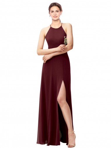 Online Slim Long High Halter Neck Chiffon Bridesmaid Dress with High Side Slit