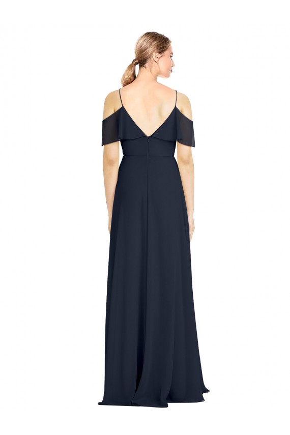 Online Draped Sleeves Flounce Neckline Long Chiffon Bridesmaid Dress with Spaghetti Straps