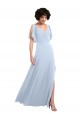 Online Split Flutter Sleeves V-Neck Chiffon Bridesmaid Dress with Open V-Back