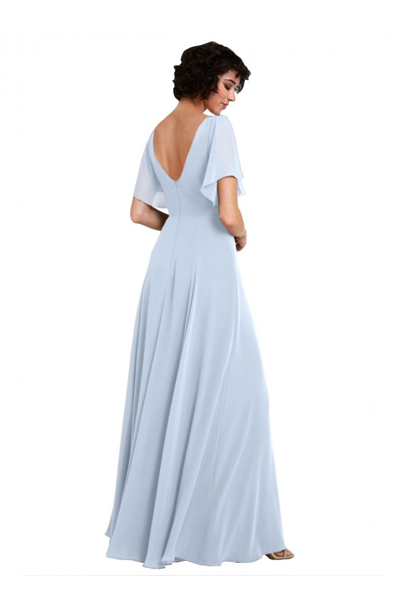 Online Split Flutter Sleeves V-Neck Chiffon Bridesmaid Dress with Open V-Back