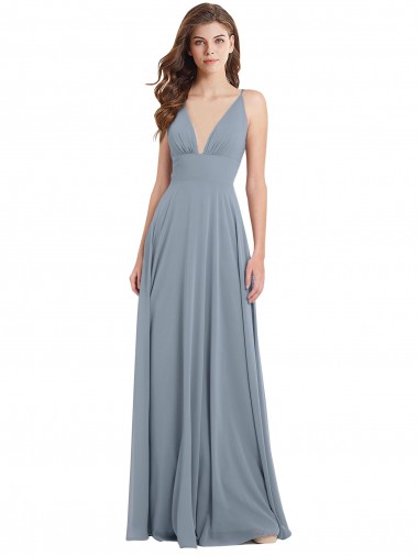 Online Fitted V-Neckline Long Chiffon Bridesmaid Dress with V-Back