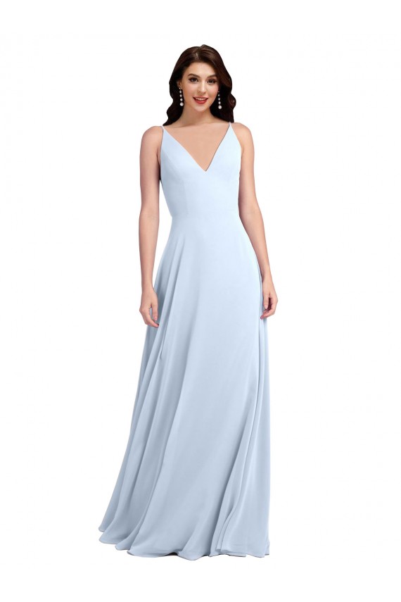 Online Long Floor Length V-Neck Chiffon Bridesmaid Dress with Keyhole Back