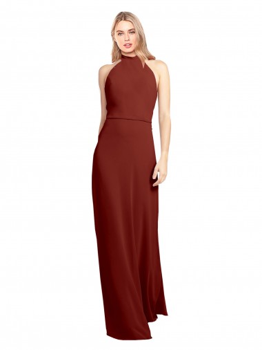 Online Slim High Neck Halter Fitted Open Back Chiffon Bridesmaid Dress
