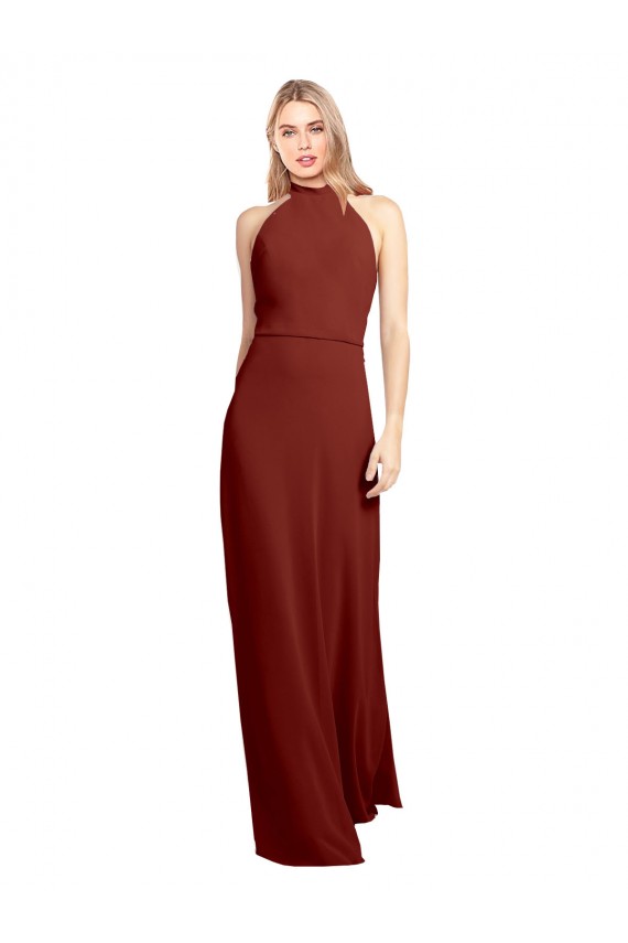 Online Slim High Neck Halter Fitted Open Back Chiffon Bridesmaid Dress