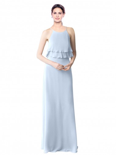 Online High Narrow Neck Long Chiffon Bridesmaid Dress with Tiered Ruffles