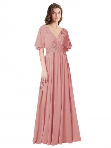 Online Flutter Sleeves Plunging V-Neck Boho Chiffon Bridesmaid Dress