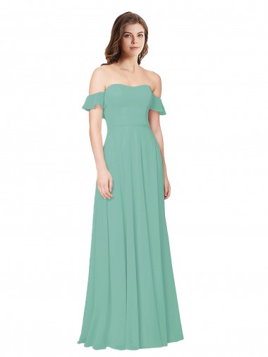 Online Flounce Sleeves Off the Shoulder Long Chiffon Bridesmaid Dress