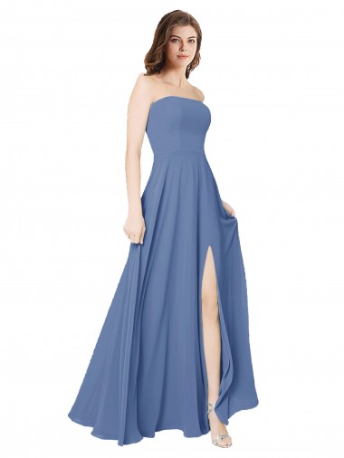 Online Strapless Long Chiffon Bridesmaid Dress with Front Slit
