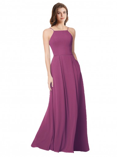 Online Halter Neck Long Pleated Chiffon Bridesmaid Dress with Pockets
