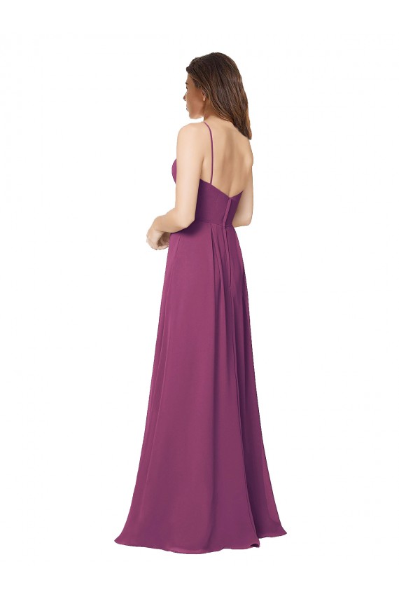 Online Halter Neck Long Pleated Chiffon Bridesmaid Dress with Pockets