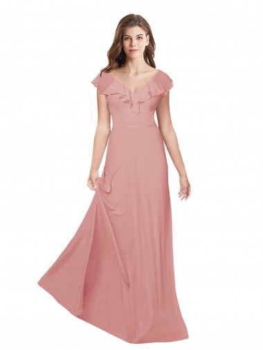 Online Flounced V Neckline Flutter Sleeves Chiffon Bridesmaid Dress
