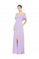 Online Ruffled Off the Shoulder Long Chiffon Bridesmaid Dress with Slit