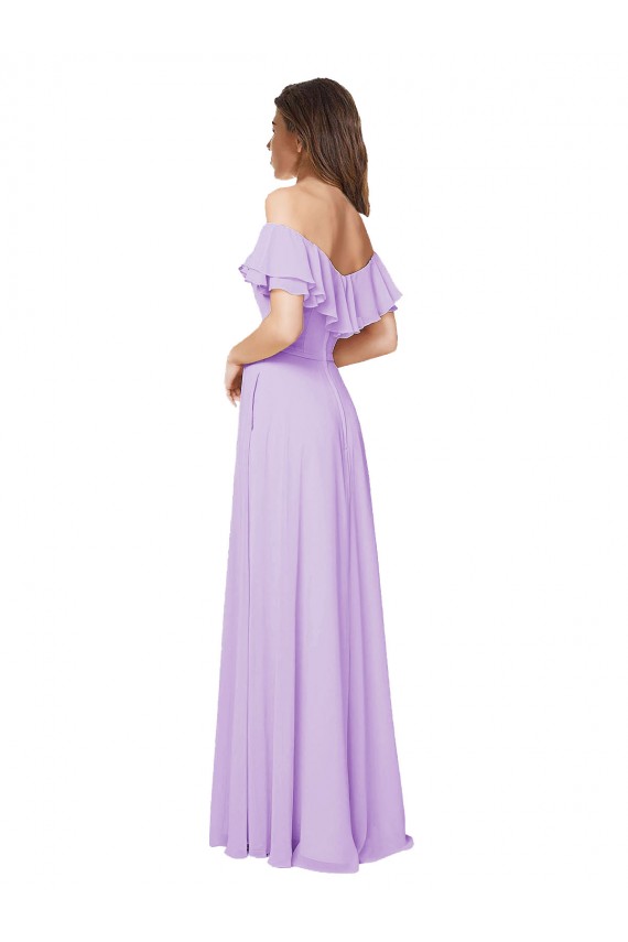 Online Ruffled Off the Shoulder Long Chiffon Bridesmaid Dress with Slit