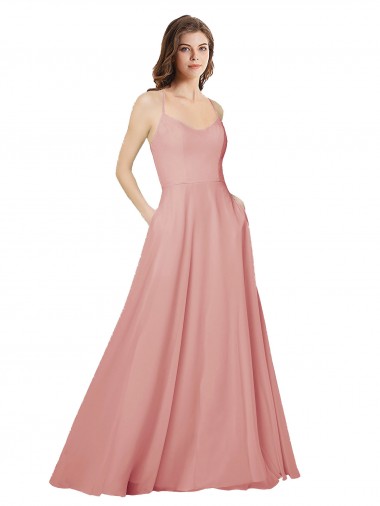 Online Open Back Wide Tie Band Long Chiffon Bridesmaid Dress with Pockets