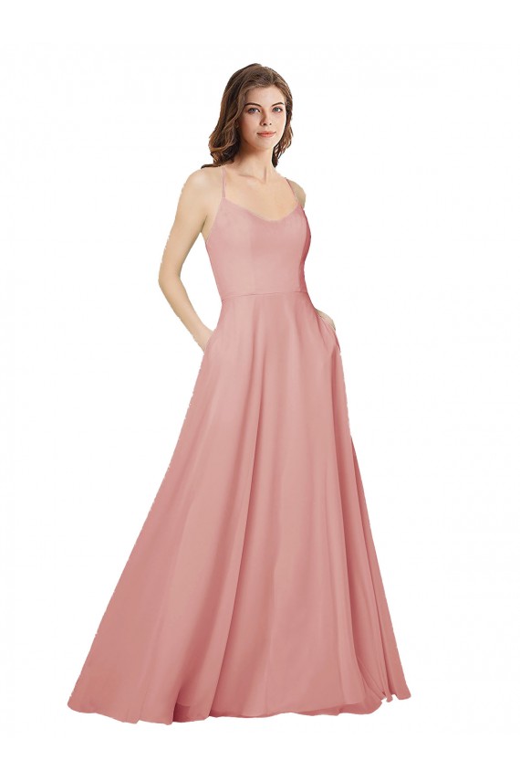 Online Open Back Wide Tie Band Long Chiffon Bridesmaid Dress with Pockets
