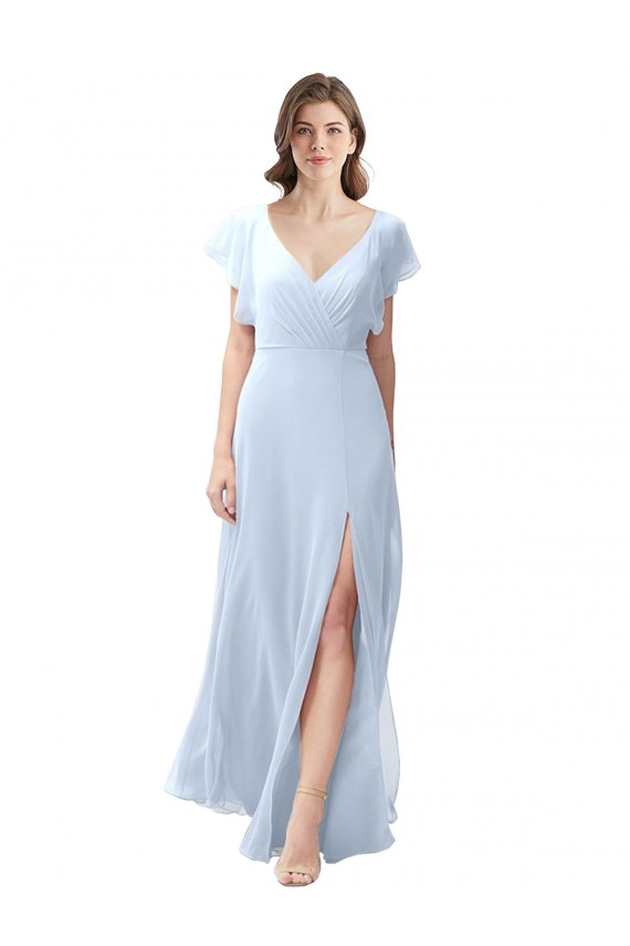 Online Flutter Sleeves Long Chiffon Bridesmaid Dress with Daring Open Back and Side Slit