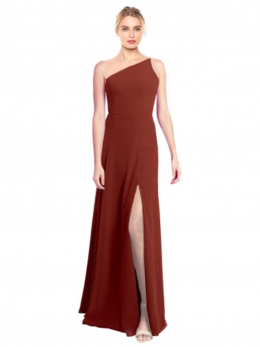 Online Fit and Flare One Shoulder Long Chiffon Bridesmaid Dress with High Slit