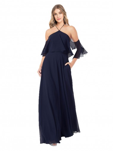 Online Halter Neck Cold Shoulder Flutter Sleeves Bridesmaid Dress