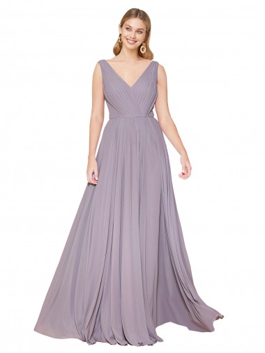 Online Draped Floor Length High Neck V-Back Chiffon Bridesmaid Dress with Shirred Bodice