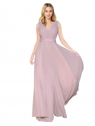 Online Draped V-Neck Long Chiffon Bridesmaid Dress with Shirred Bodice
