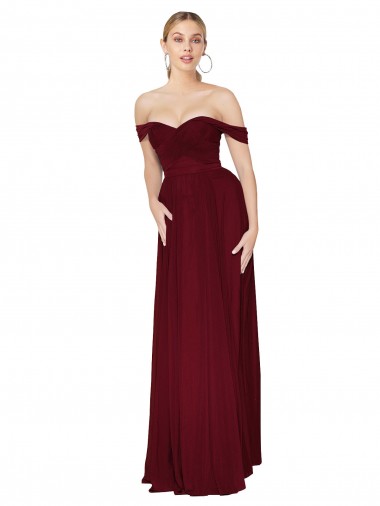 Online Shirred Sweetheat Neckline Off the Shoulder Long Chiffon Bridesmaid Dress