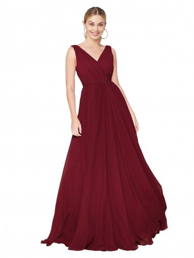 Online Draped A-Line V-Neck Floor Length Chiffon Bridesmaid Dress