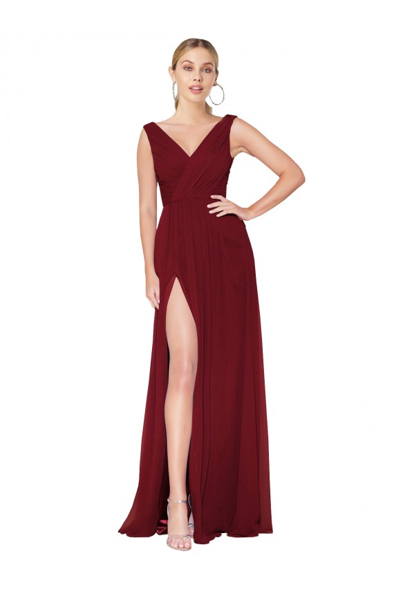 Online Draped Mermaid Long V-Neck Chiffon Bridesmaid Dress with High Slit