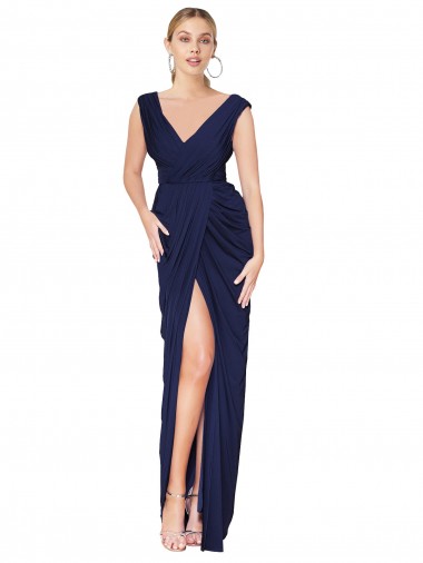 Online Draped V-Neck Long Chiffon Bridesmaid Dress with Front Slit