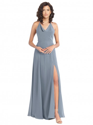 Online Slim A-Line Cowl Neck Long Chiffon Bridesmaid Dress with Side High Slit