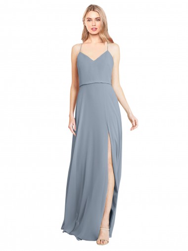 Online Spaghetti Straps V-Neckline Long Chiffon Bridesmaid Dress with High Slit