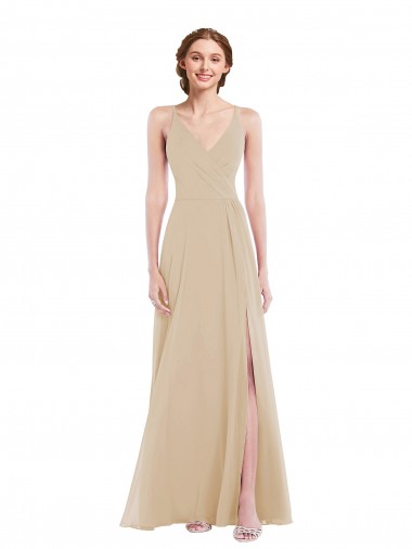 Online Faux Wrap Criss Cross Back Maxi Bridesmaid Dress with Front Slit
