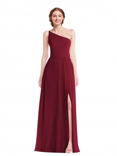 Online One Shoulder Chiffon Maxi Bridesmaid Dress with Shirred Front Slit