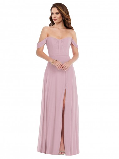 Online Off the Shoulder Draped Sleeve Maxi Bridesmaid Dress with Front Slit
