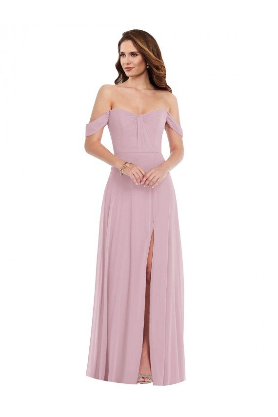 Online Off the Shoulder Draped Sleeve Maxi Bridesmaid Dress with Front Slit