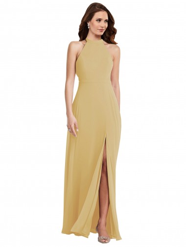 Online Stand Collar Halter Maxi Bridesmaid Dress with Criss Cross Open Back