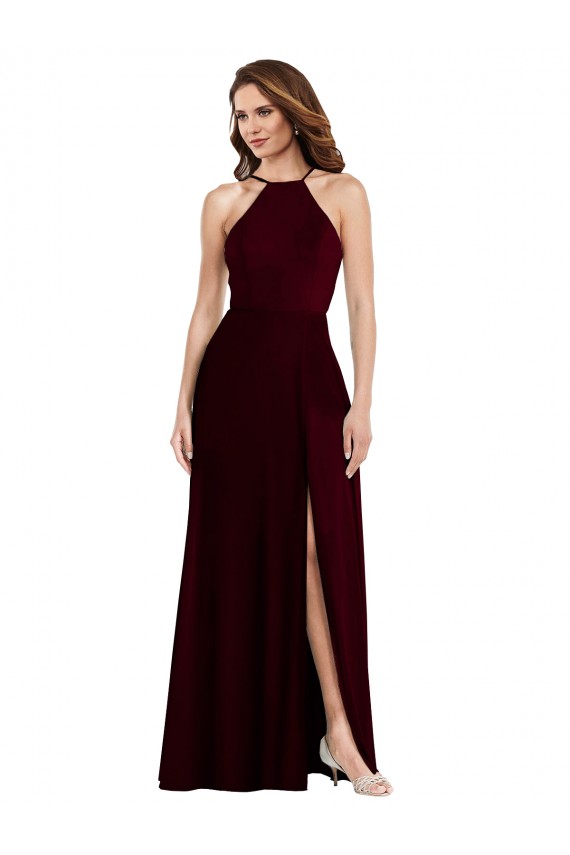 Online Halter Spaghetti Straps Maxi Bridesmaid Dress with Front Slit