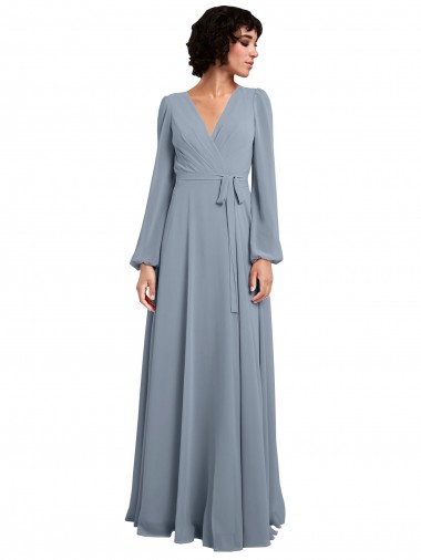 Online Wrap Style Long Sleeves Chiffon Bridesmaid Dress with Pleated Bodice