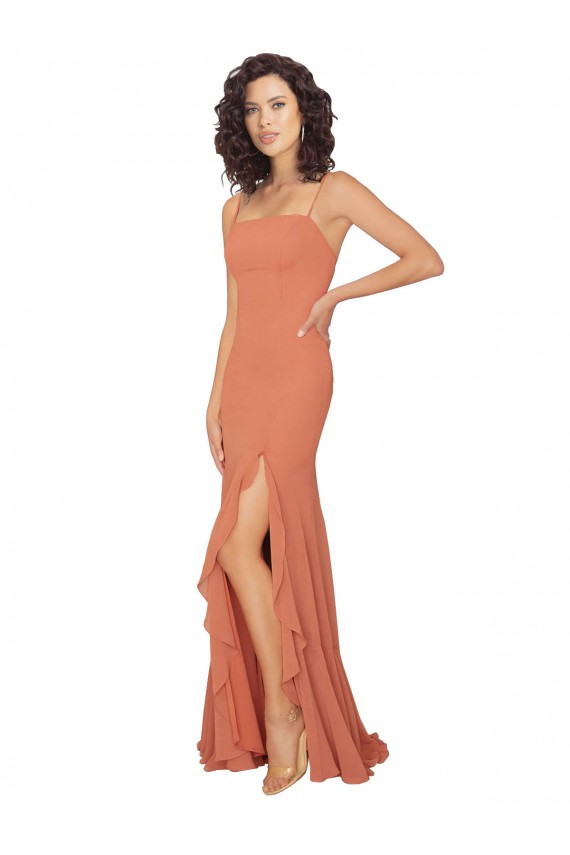 Online Chiffon Square Neck Bridesmaid Dress with Ruffled Skirt Slit