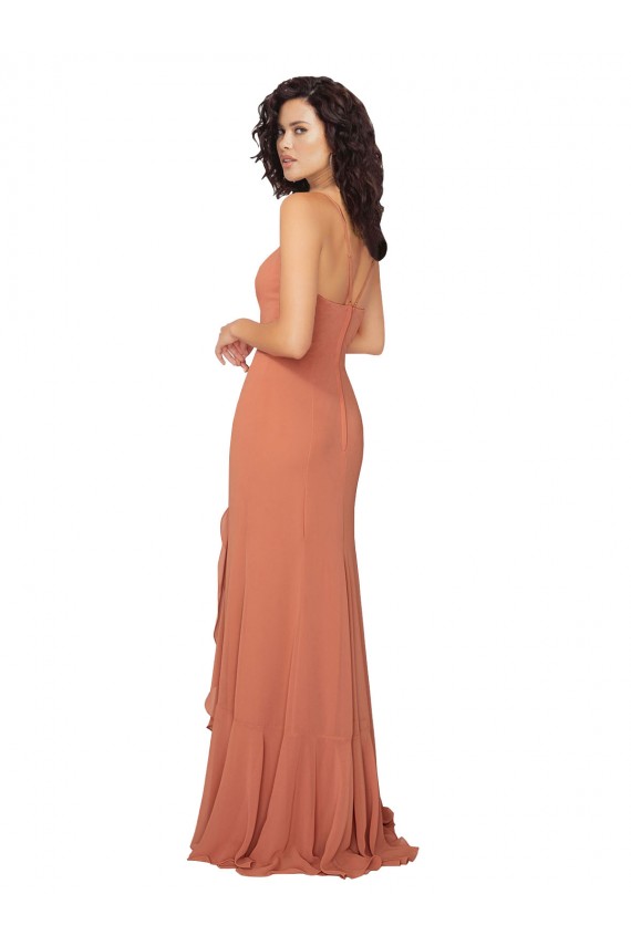 Online Chiffon Square Neck Bridesmaid Dress with Ruffled Skirt Slit