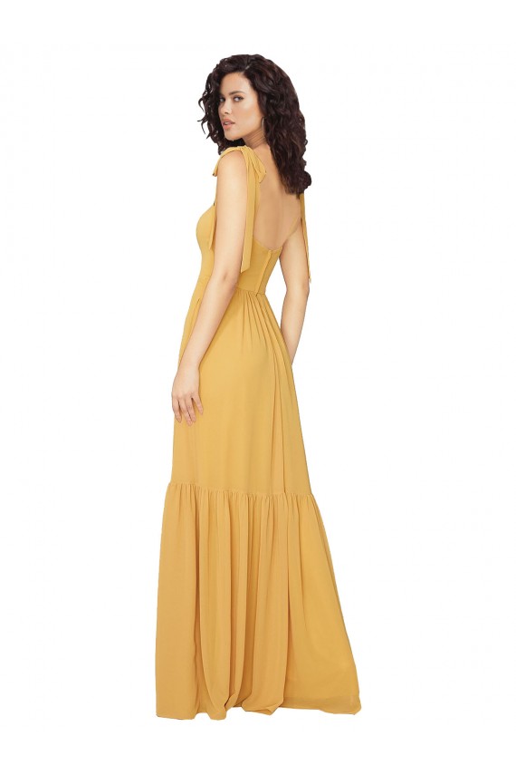 Online Tied Strap Square Neck Long Chiffon Bridesmaid Dress
